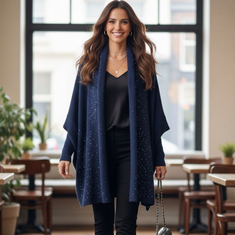 Paolo Tonali Navy Blue Cashmere Wool Blend Open Front Shawl Cardigan Size OS